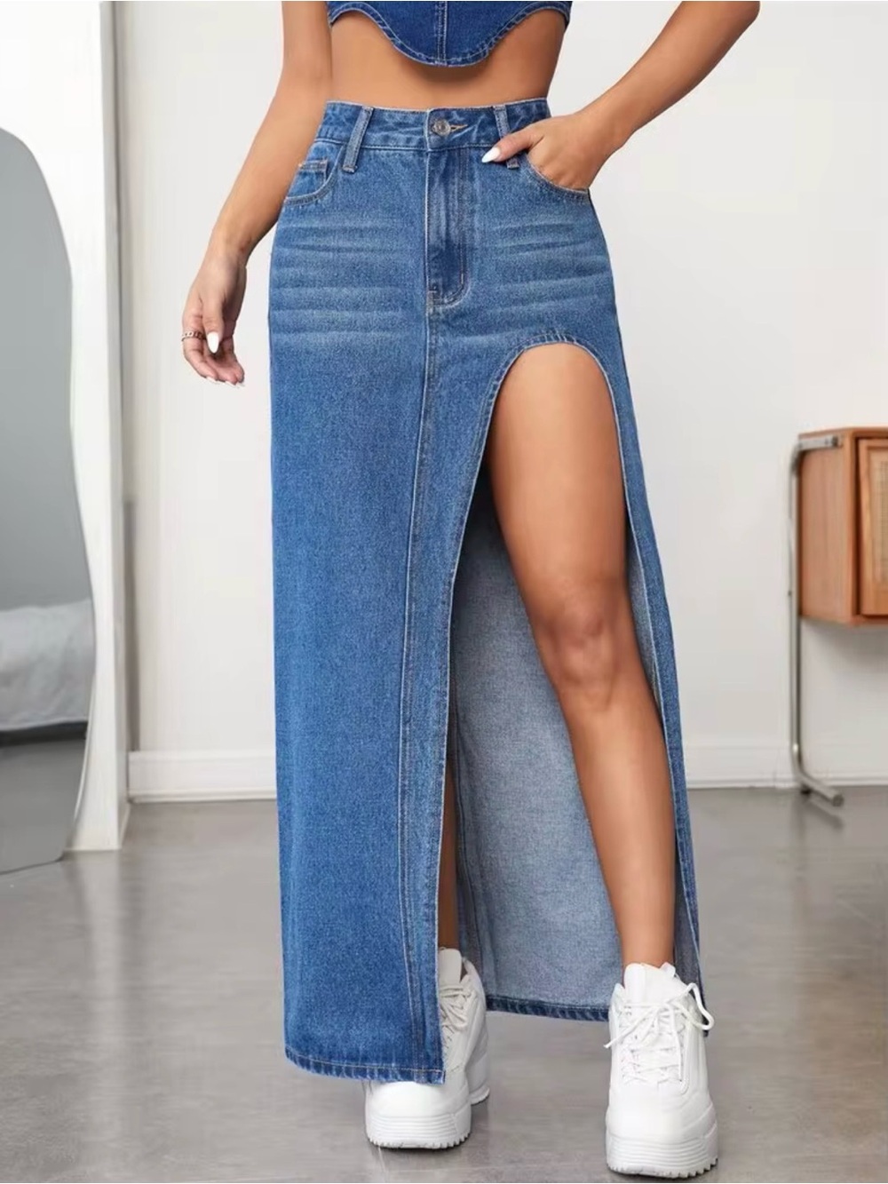 SHEIN High Waist Thigh High Denim Skirt with Front Slit | Size Medium